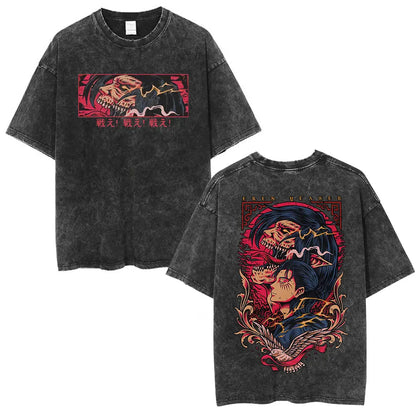 Anime Attack on Titan Washed T-Shirt Ackerman Mikasa Eren Jaeger Cherry Blossom Graphics Logo T Shirt Men Women Cotton T Shirts