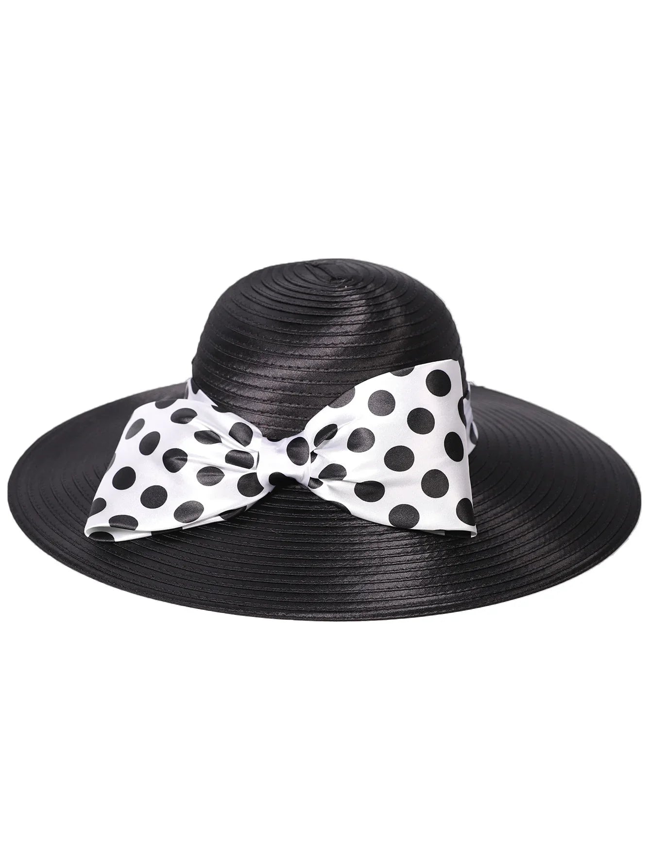 Elegant Women Wide Brim Rose Black Patchwork Polka Dots Kentucky Hat For Wedding Party Hat Big Bowknot Fedora Beach Cap