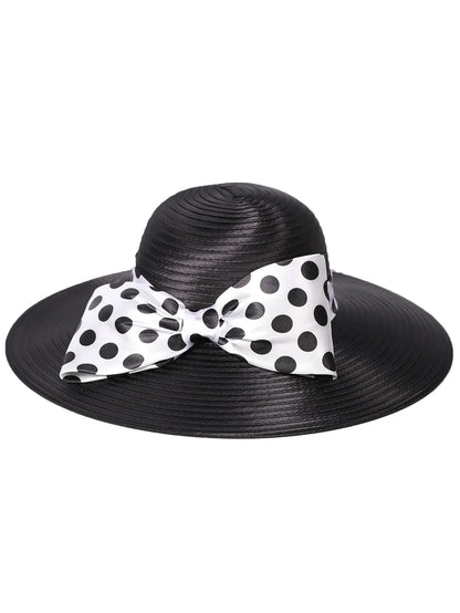Elegant Women Wide Brim Rose Black Patchwork Polka Dots Kentucky Hat For Wedding Party Hat Big Bowknot Fedora Beach Cap
