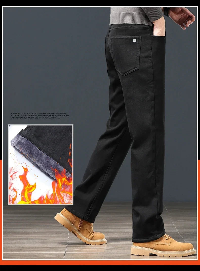 Winter Men's Fleece Warm Jeans Classic Black Plush Loose Straight Business Casual Pants Thermal Male Clothing 40 42 44
