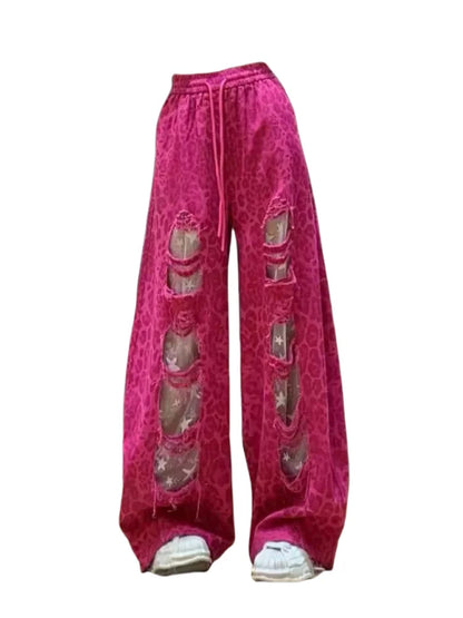 Retro American Lace Leopard Print Patchwork Hole Denim Pants Women Summer New Elastic Waist Wide Leg Slimming Floor-Length Pants