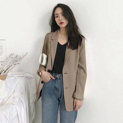 Elegant Women's Blazer Jacket Black Long Sleeve Button-Up Notch Lapel Office Jackets Woman Casual Solid Color with Pocket Blazer