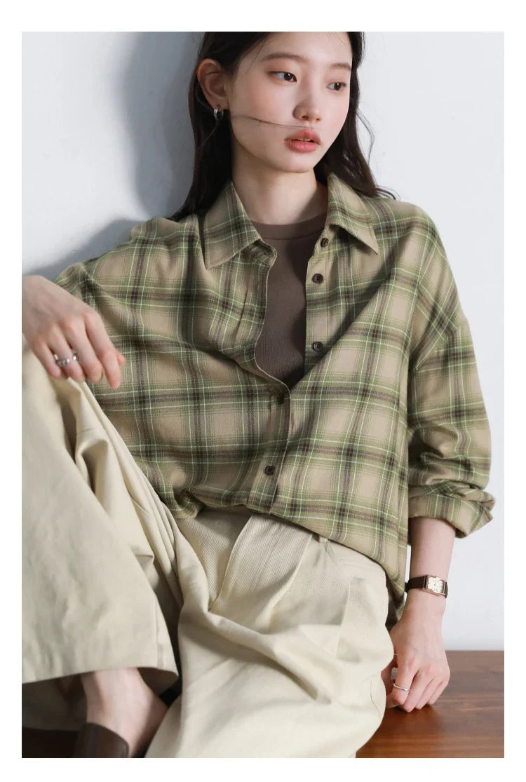 Women Shirts Loose Casual New Sanding Plaid Shirt Long Sleeve Medium Long Length Blouses Female Tops Spring Autumn 2025