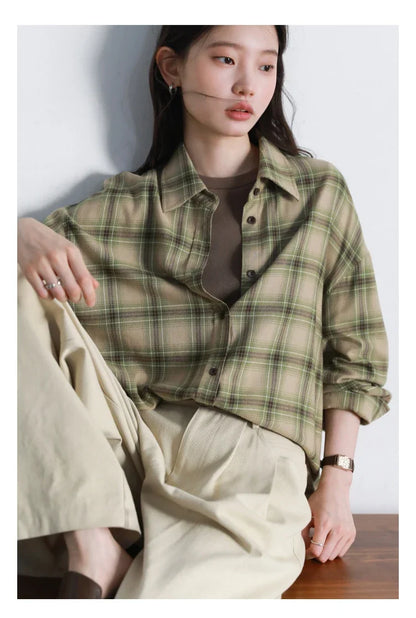 Women Shirts Loose Casual New Sanding Plaid Shirt Long Sleeve Medium Long Length Blouses Female Tops Spring Autumn 2025