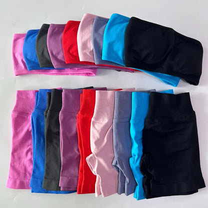 No Logo Women 2 Pieces Yoga Set Backless Bandeau Sports Bra Scrunch Shorts Yoga Clothing Gym Set Workout Clothes Outfits Sets