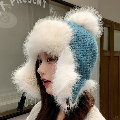 Russian Hat Ushanka Thick Warm Fluffy Fur Hat Women Snow Ski Earflap Cap Female Knitted Hat Skullies Beanies Bomber Hats