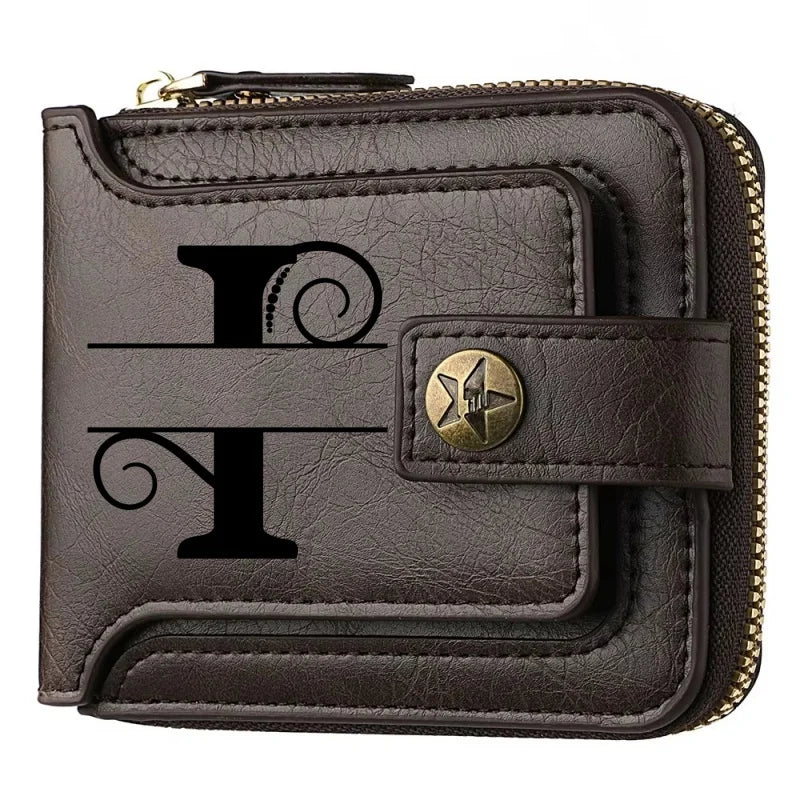 Men's Custom Wallet - Personalized Artificial Leather Men's Engraved Name and Letter Wallet, Father's Day Dad Gift, Brown