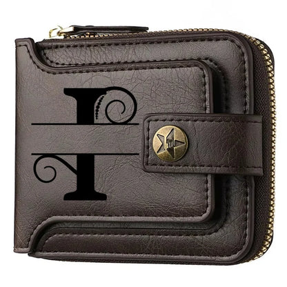 Portefeuille court en cuir PU personnalisé avec chaîne pour homme, portefeuille bifold marron élégant avec nom et texte gravés pour la Saint-Valentin et les anniversaires