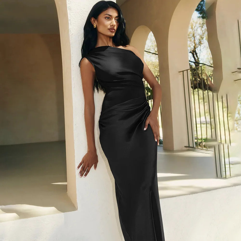 Patchwork Satin Sexy Dress Women One Shoulder Brown Sleeveless Evening Maxi Dress 2025 New Summer Elegant Party Clubwear Dresses
