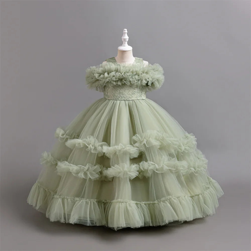 New Elegant Dress for Girls Flower Wedding Long Embroidered Panto Skirt 4-12 Years Old Piano Performance Girl Dress