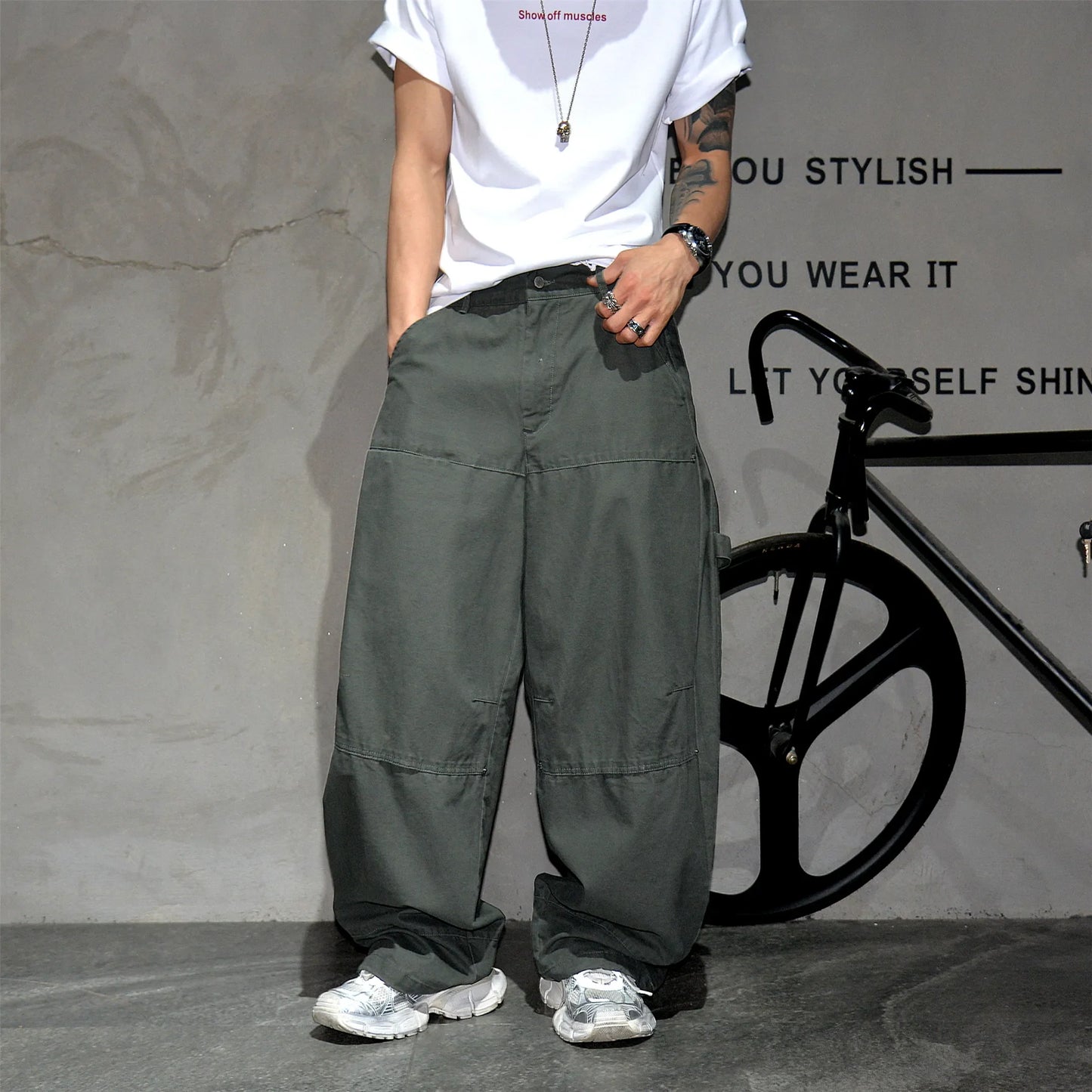 Mens Cargo Pants American Trendy Solid Black Cotton Heavyweight Wide Leg Loose Straight Streetwear Casual High Quality Pants