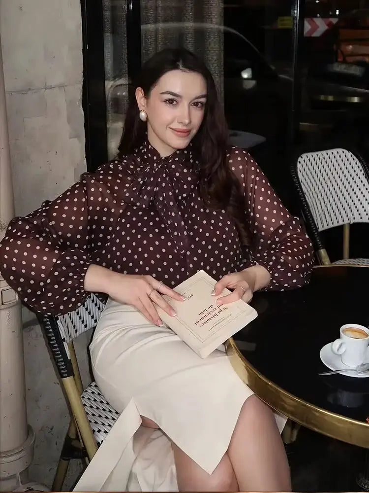 Women 2026 Trend Polka Dot Print Blouse Bow Scarf Collar Long Sleeve Shirt Female Fashion High Street Lady Chic Thin Tops