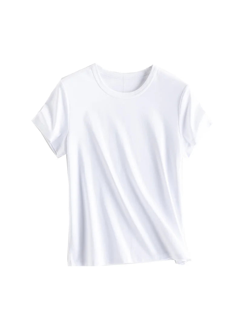 Women Solid T Shirt, Silk Cotton Blend, Square Collar, Short Sleeves Chic Shirt 2025 Spring Summer Cozy Top