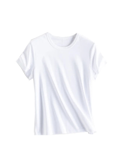 Women Solid T Shirt, Silk Cotton Blend, Square Collar, Short Sleeves Chic Shirt 2025 Spring Summer Cozy Top