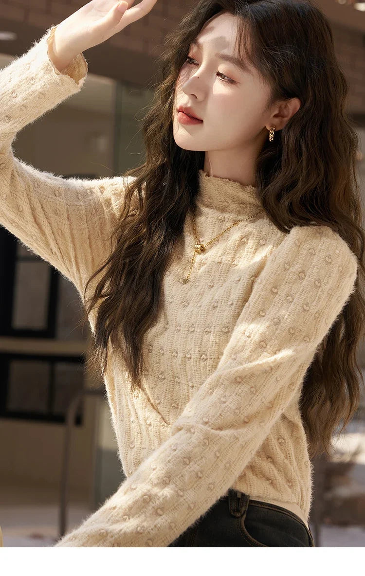 Lace Bottoming Shirt Women Autumn Winter Mock Neck Long Sleeve Knitted Pullover French Warm Inner Top Female MXC58Z0481