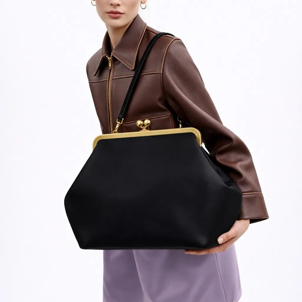 Fashion Large Kisslock Clutch Bag for Women Designer Clip Shell Women Shoulder Bags Luxury Soft Pu Leather Pink Color Handbags