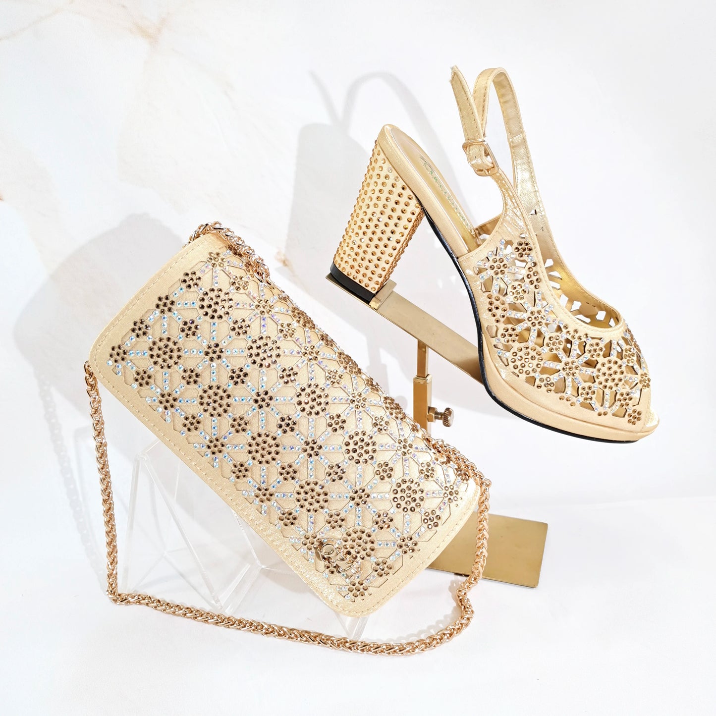 2025 New Rhinestone Design African-Inspired Shoe and Bag Set Olive Toe-Exposing Comfortable Women's High Heels Trending on INS