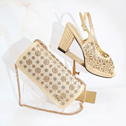 2025 New Rhinestone Design African-Inspired Shoe and Bag Set Olive Toe-Exposing Comfortable Women's High Heels Trending on INS