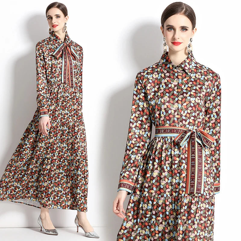 2024 Autumn New Women's European and American Versatile Waist and Slimming Letter Positioning Printed Dress A-line Long Dress