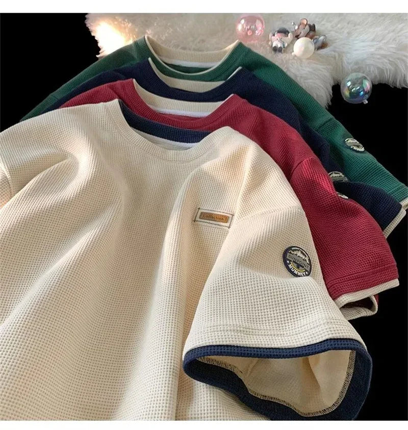 Summer Waffle Short Sleeve T Shirt For Men Vintage Appliques Loose T-shirts Couple Y2K Streetwear Clothes Fake Two-piece Tees