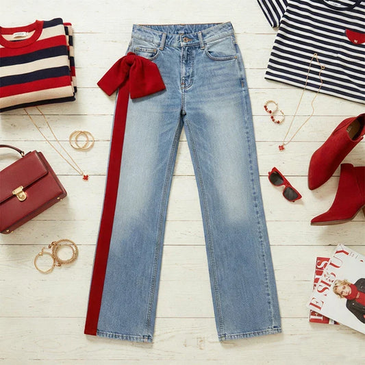 Women's Fall Winter Going Out Jeans 2025 New Stylish Elegant Bow-embellished Blue Leisure Fashion Pants for Ladies