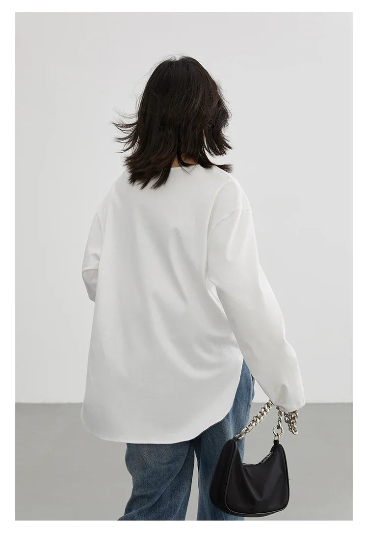 Women T-Shirts Loose Casual U-Neck Long Sleeve Female Tees Split Bottom Woman Top Ladies Clothing Autumn Spring 2023