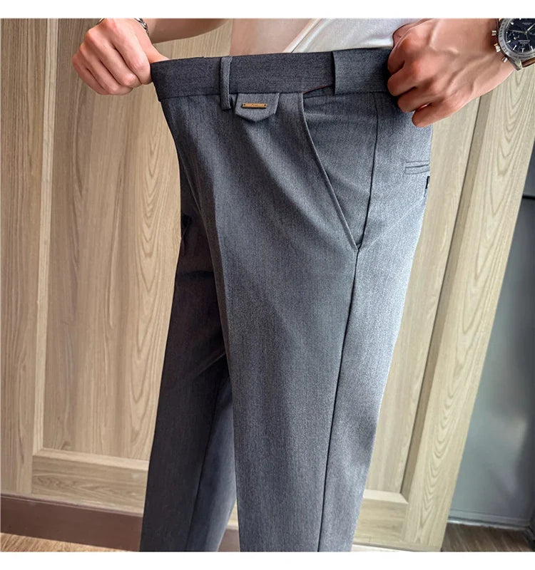 High Quality Modal Acetate Elastic Waist Casual Pants 2026 Spring Summer New Men's Solid Color Slim Fit Business Suit Pants