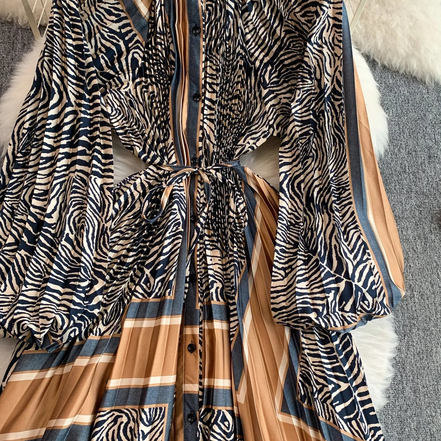 Ele Printed round Ne Lantern Sve Dr Women's Single Button Waist Cinch Maxi Skirt Long Dr Commute Sle Autumn