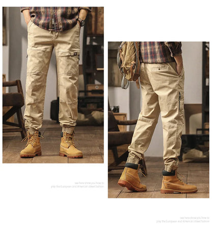 Cotton Men's Cargo Pants Elastic Waist Stretch Trouser Male Multi Pocket Casual Jogger Fit Ankle Length Zipper Purple Drawstring