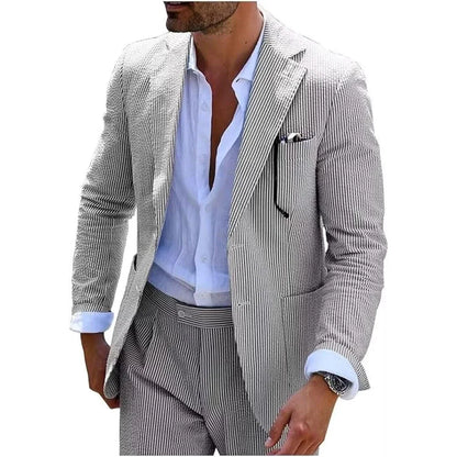 Summer Stripe Men Suits 2 Pieces Seersucker Notched Lapel Wedding Party Suit Jacket Pants Casual Blazer Slim Fit Suits for Men