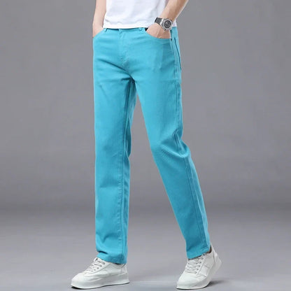 Slim Elastic Jeans Men's Colorful Fashion Korean Pants Spring Autumn Soft Comfortable Casual Straight Denim Trousers Streetwear
