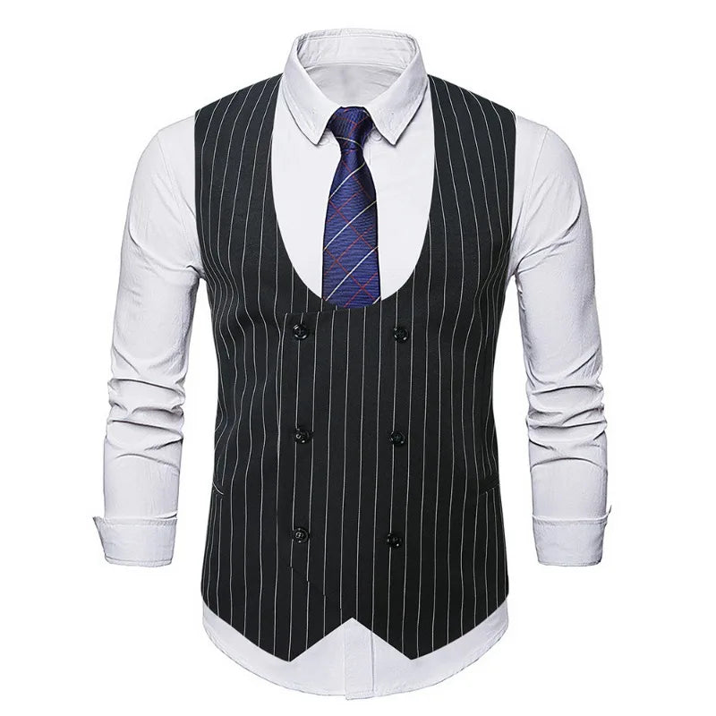 Man Suit Vest Vintage Striped Double-breasted Men Waistcoat British Style Slim Sleeveless Casual Versatile Male Vest