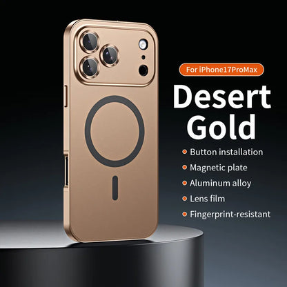For iPhone Air, 17 Pro Max Magnetic Case ELVEV Anti-fingerprint Alloy Snap Buckle Phone Cover with Alloy Lens Ring Film