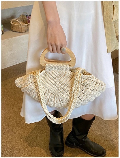 2026 New Retro Fan-shaped Crochet Woven Underarm Bag for Women Ins Style Seaside Vacation Versatile Wooden Handle Shoulder Bag