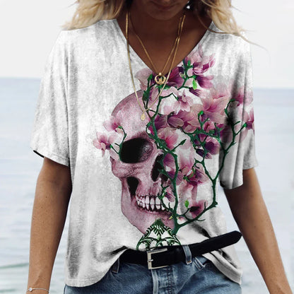 Skulls T-shirt Women's Shirt Fashion Short Sleeve New Casual Top Tee Ladies Girl Clothing V Neck T Shirt For Women