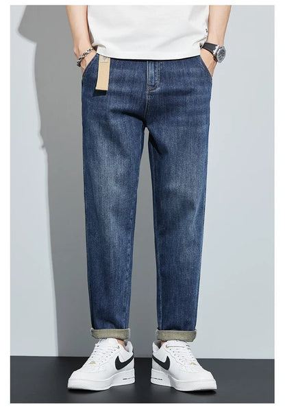 Winter Dark Blue Fleece Jeans for Men Black Loose Straight Casual Trendy Comfortable Versatile Youth Thickened Harem Pants Blue