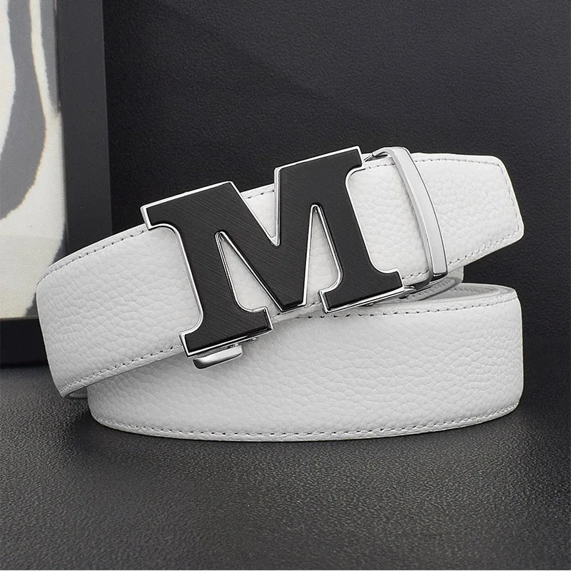 High Quality Designers Letter M White Leather Belt Men Luxury Famous Young Men Cowhide  Brand Jeans Relaxed Jeans Mode Man Belt
