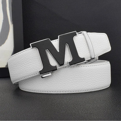 High Quality Designers Letter M White Leather Belt Men Luxury Famous Young Men Cowhide  Brand Jeans Relaxed Jeans Mode Man Belt
