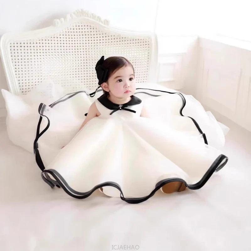 Party Dress Costumes Korean Style Girls Tulle First Birthday Dresses Children Black Bow  Collar Kids Flower Girl Gown Clothes