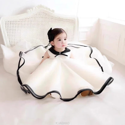 Party Dress Costumes Korean Style Girls Tulle First Birthday Dresses Children Black Bow  Collar Kids Flower Girl Gown Clothes