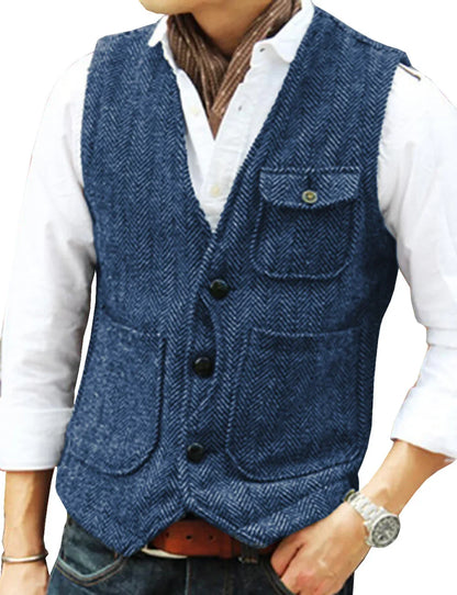 Men's Business Suit Vest Herringbone Tweed V Neck Formal Waistcoat for Wedding Suit or Tuxedo