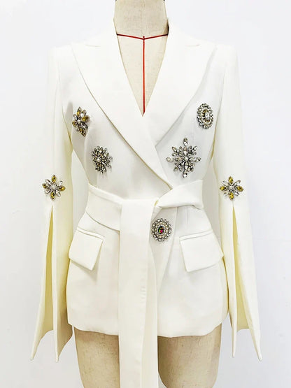 HIGH STREET Newest Fashion 2026 Designer Jacket Women's Slit Sleeve Rhinestone Diamonds Beading Belted Blazer