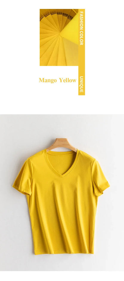 Women Solid T shirts, Silk Cotton Blend, O Neck, Short Sleeved Solid Tee,2025 Summer Candy Colors Basic Cozy Top Green