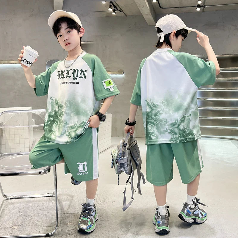New Boys Clothing Sets Summer T-Shirt Short Sleeve+Shorts Kids Boy Sportsuit Children's Outfits Suit Teenager 5 6 8 10 12 14Yrs