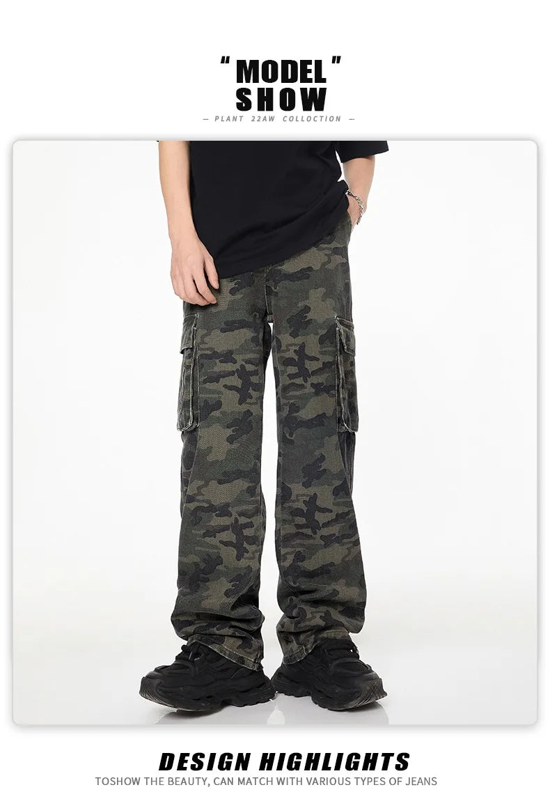 Tall Pants for Slim Thin Skinny Men Y2K Straight Wide Leg Cotton Cargo Pants Camouflage Extra Long Length Trouser Male Vintage