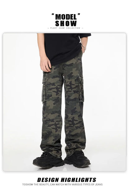 Tall Pants for Slim Thin Skinny Men Y2K Straight Wide Leg Cotton Cargo Pants Camouflage Extra Long Length Trouser Male Vintage
