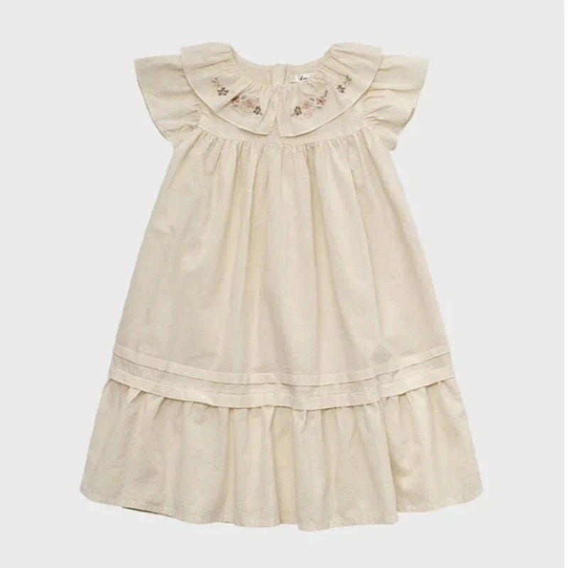 Summer LOU Girls' Printed Cotton Dress Short-Sleeved Handmade Embroidered Wide-Necked Children's Holiday Dress