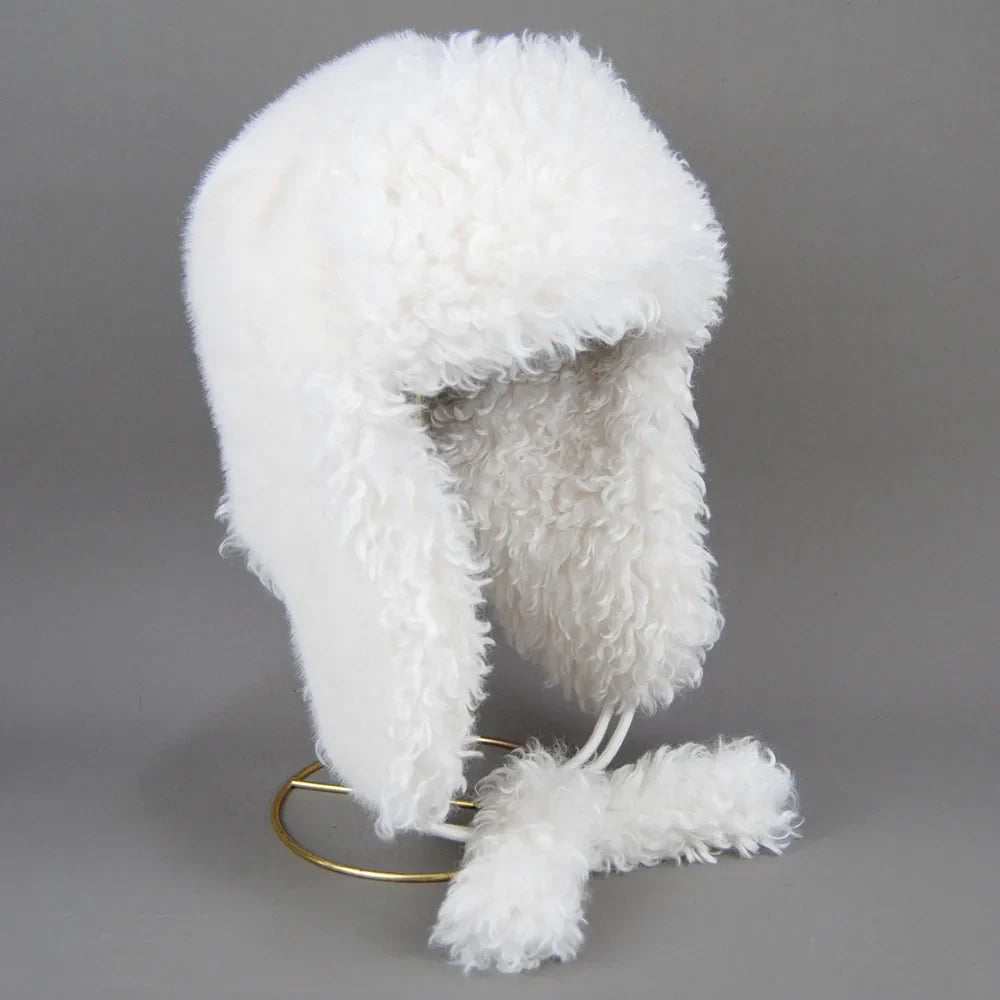 Real Fur Wool Hat Unisex New Winter Warm Bomber Russian Ushanka Hats With Ear Flaps Cow Leather Thick Snow Earflaps Baseball Cap