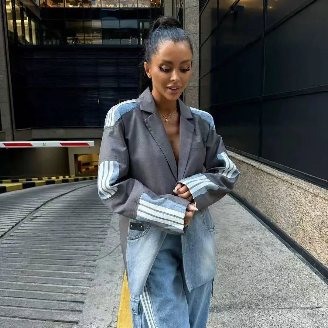 Autumn New Korean-style Fashion Women's Denim Patchwork Notched Single-button Design Suits High Street Casual Blazers