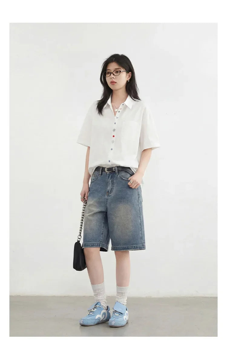 Fashion Women Shirt Short Sleeve Loose Casual Design Button Embroidered Placket Female Blouses Cotton Coat Summer 2026